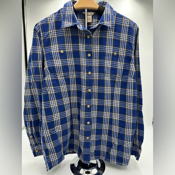 Women's Duluth‎ Trading flannel shirt size L blue,tan,ivory colors 100% cotton. - Picture 1 of 5
